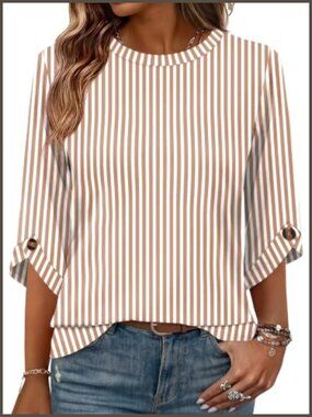 Women's 3/4 Sleeve Blouse Button Cuff Crew Neck Casual Work Top